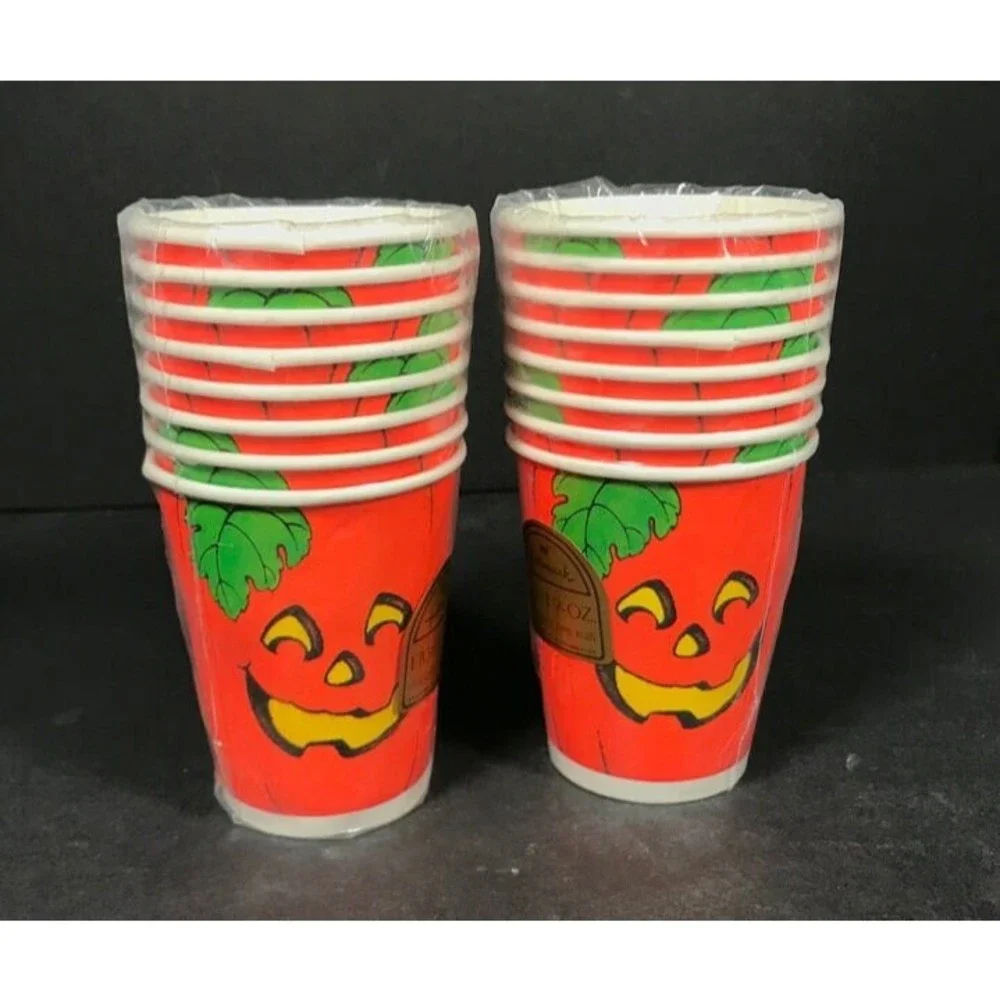 Vintage Halloween hot cold paper drink cups 8 Hallmark Jack o lantern NEW